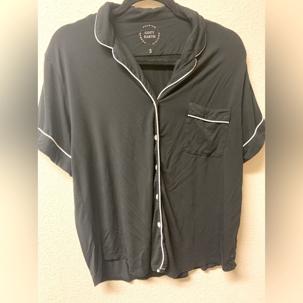 Cozy Earth Black Short Sleeve Collared Pajama Shirt Size Small
